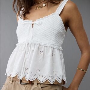 American Eagle smocked babydoll shirt tank top white size medium NWT